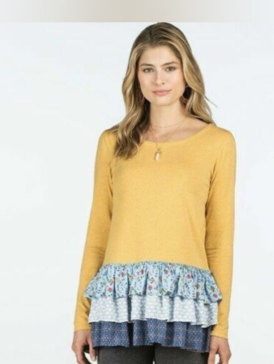Matilda Jane Tops - Matilda Jane Mustard Yellow Top with Blue & Purple Zip Trim